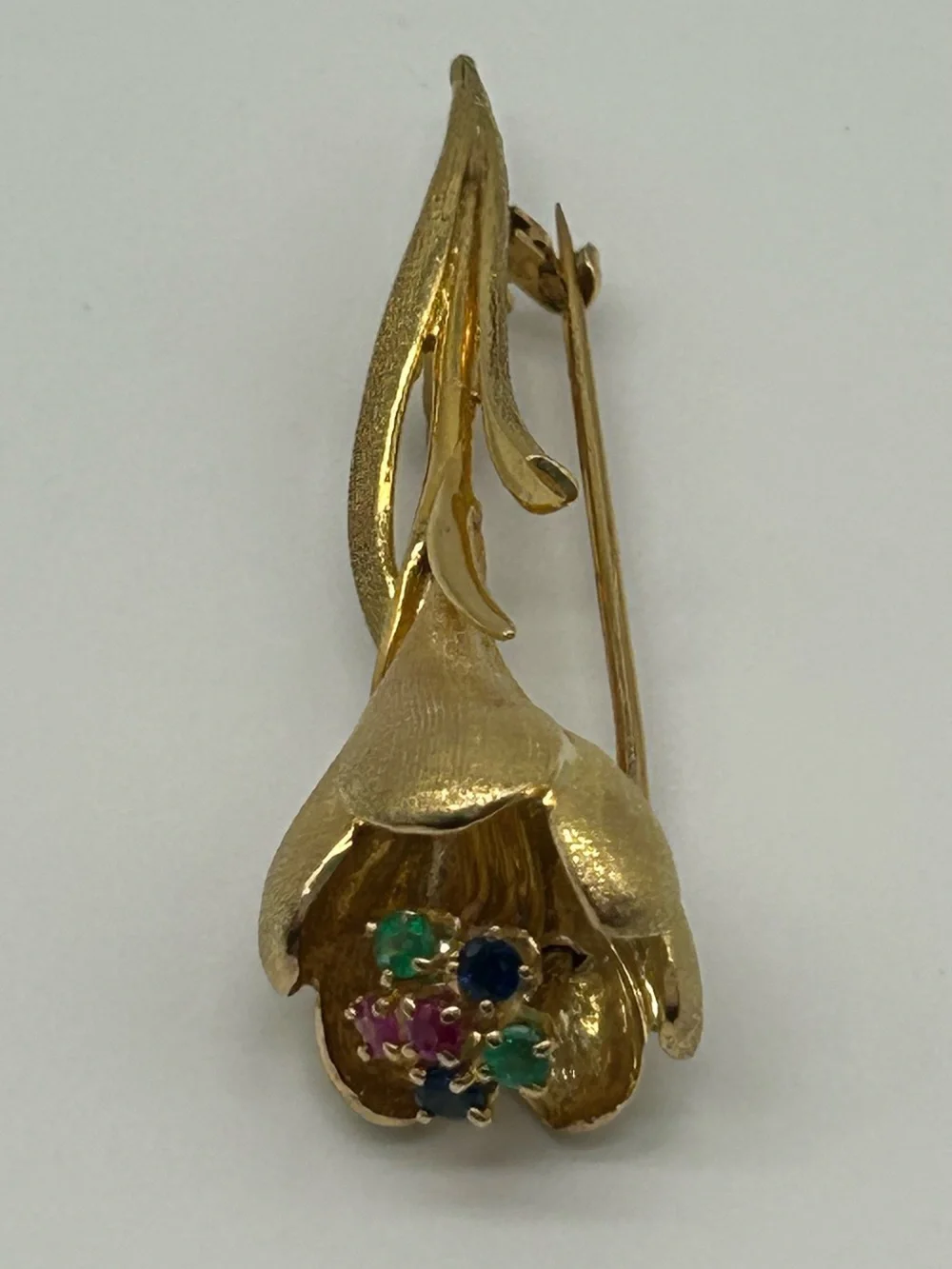Vintage 1960s 18K Gold Gemstone Flower Brooch — with sapphires, rubies, emeralds
